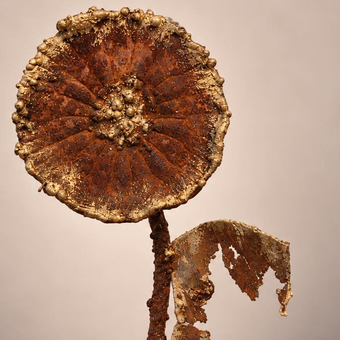 Golden Ochre Sun reclaimed metal flower sculpture, alternate view