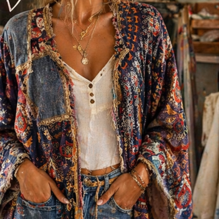 Woman wearing a floral kimono over a denim outfit in a casual setting.