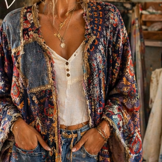 Woman wearing a floral kimono over a denim outfit in a casual setting.