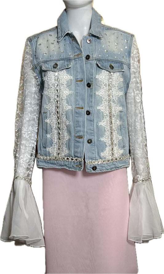 1002 White Washed Lace Sleeve Denim Jacket - Bougie Denim Couture
