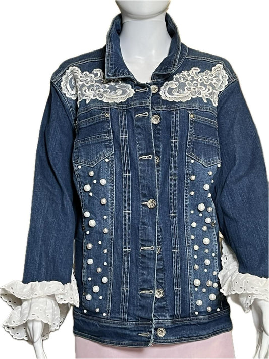 1019 Denim Jacket with Lace and Pearl Trim - Bougie Denim Couture