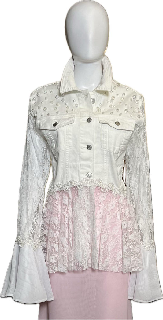 1012 White Lace Denim Jacket - Bougie Denim Couture