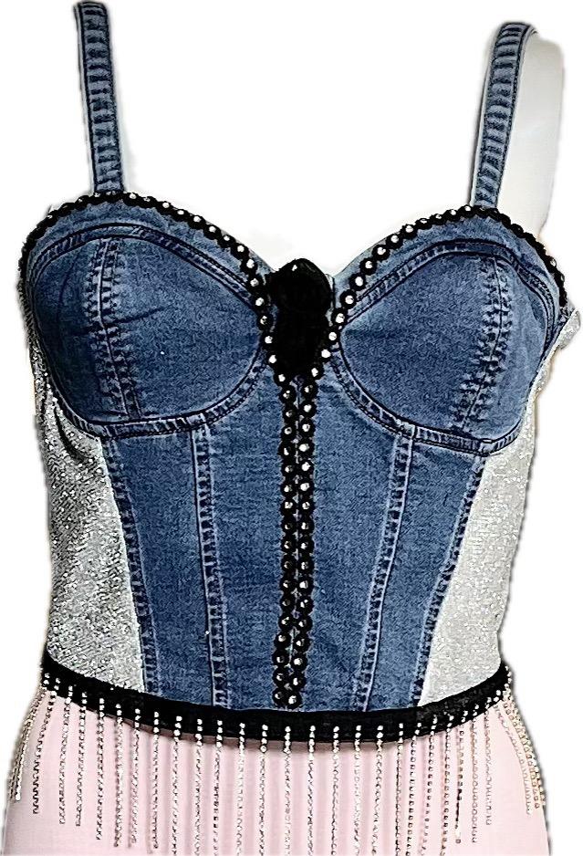 1013 Denim Crop Top with Black Rhinestone - Bougie Denim Couture