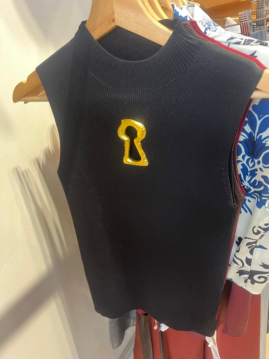 black sweater w/ gold keyhole - blingy blonde