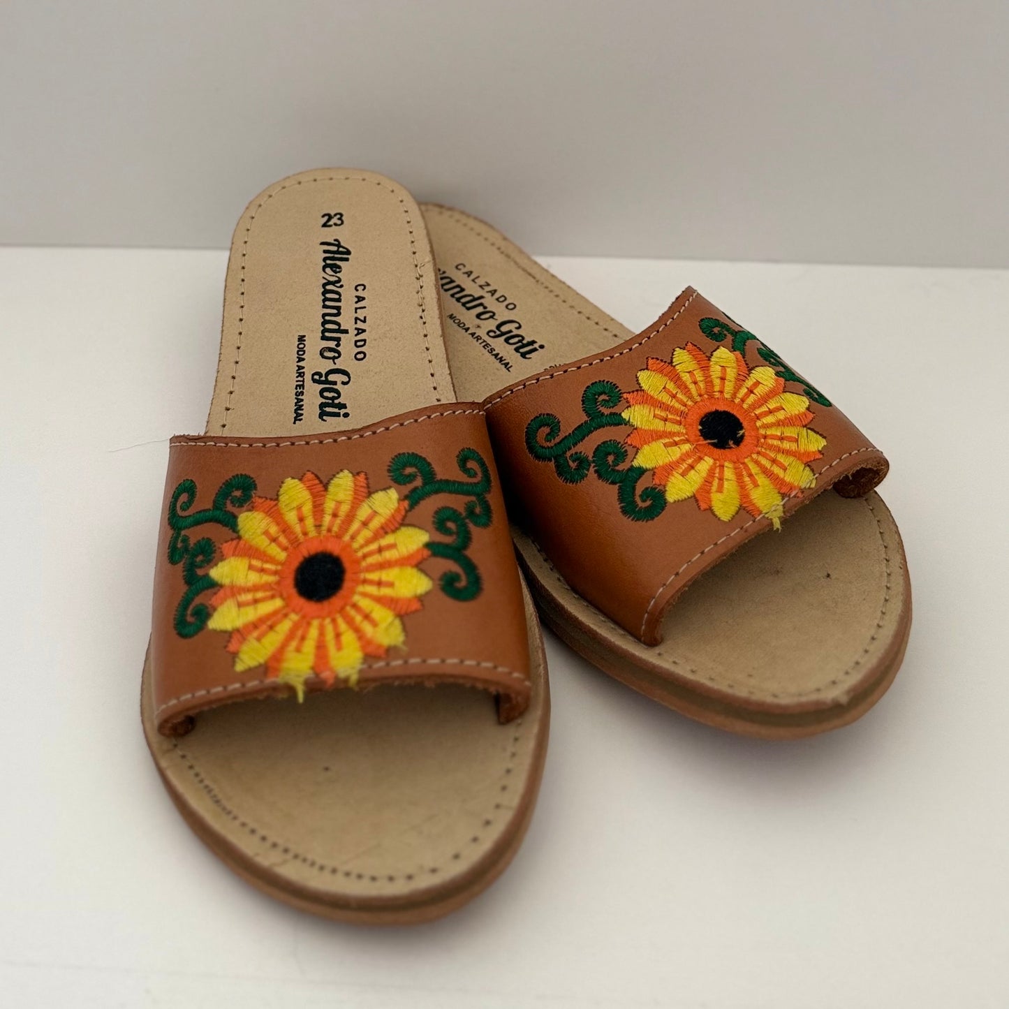 Sunflower Embroidered Leather Slides - Casa Coco