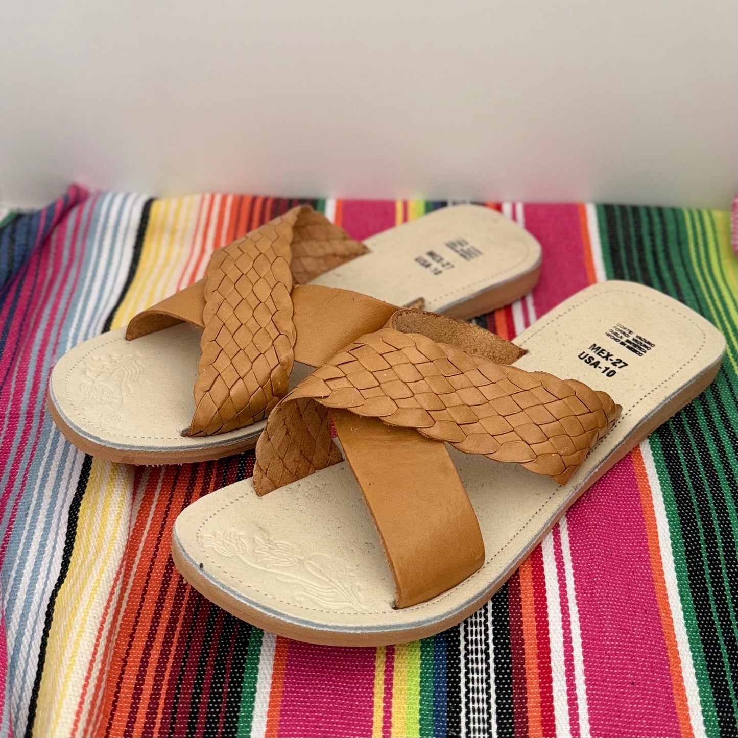 Woven Cross-Strap Leather Slides - Casa Coco