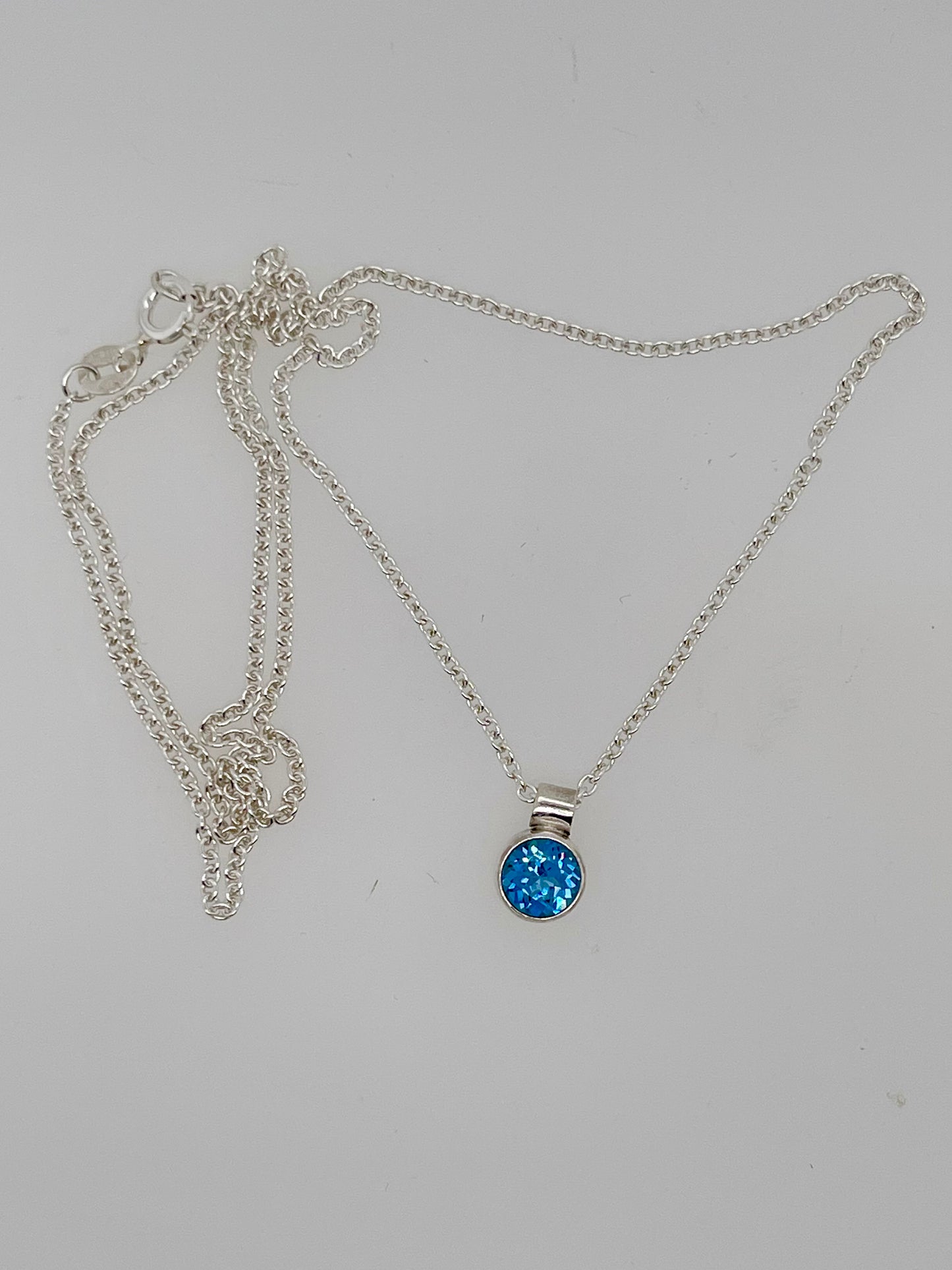 Handmade Sterling Silver 6mm Blue Syn. Zircon Pendant/18" Sterling Chain