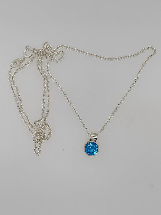 Handmade Sterling Silver 6mm Blue Syn. Zircon Pendant/18" Sterling Chain