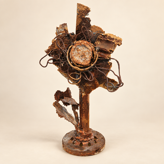 Imperfection Blooms reclaimed steel and scrollwork flower sculpture
