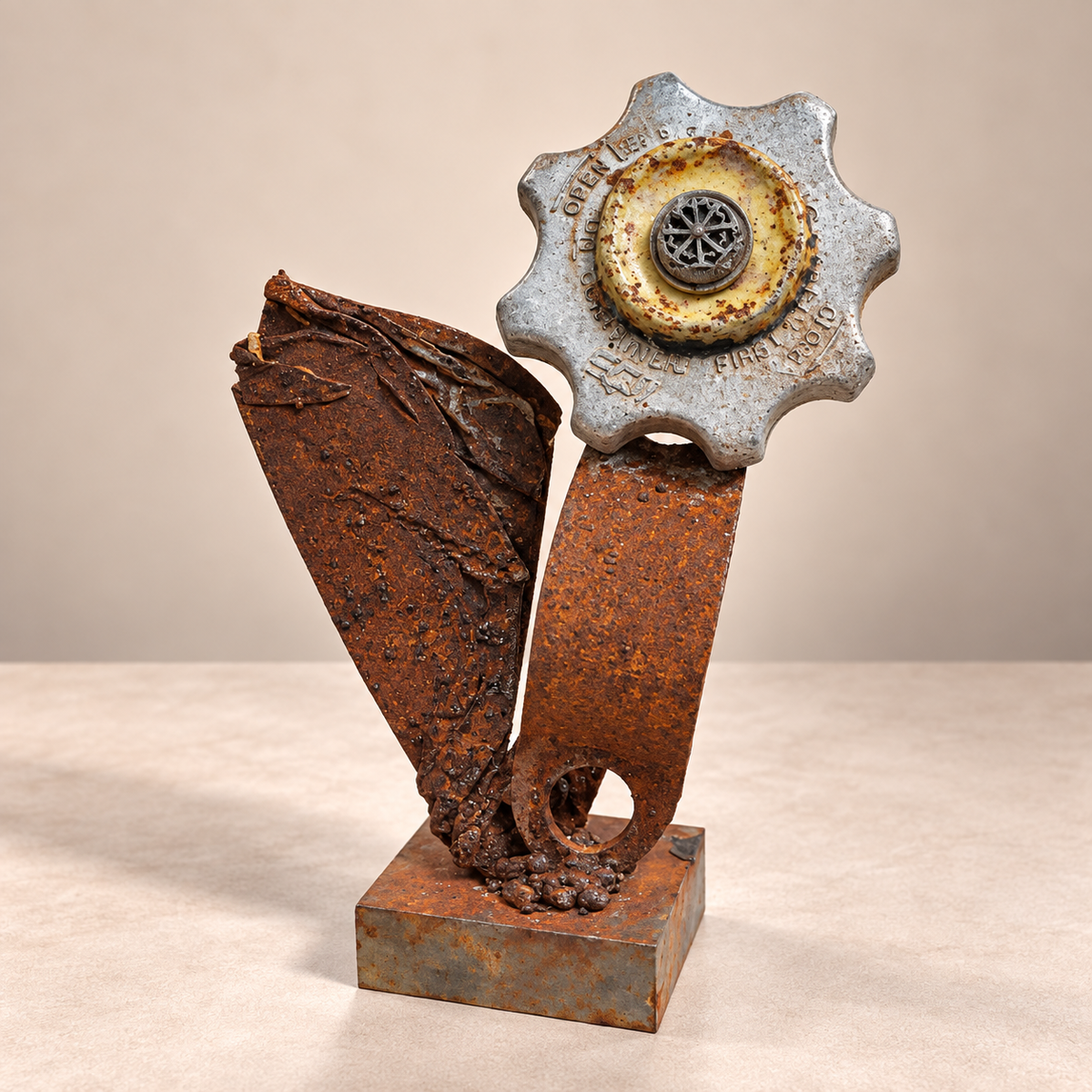 Industrial Dial Bloom sculpture with reclaimed valve handwheel and scrap steel flower