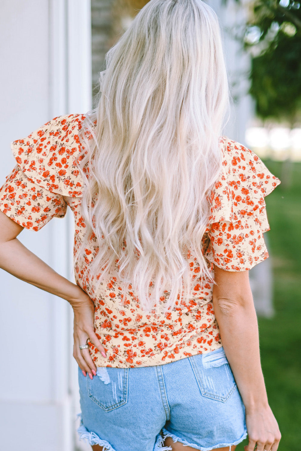 Floral Print Ruffle Sleeve Round Neck Blouse | JB Boutique |