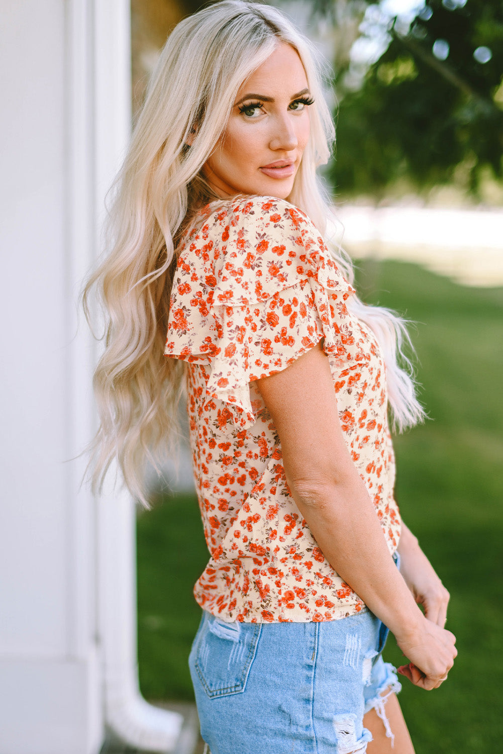 Floral Print Ruffle Sleeve Round Neck Blouse | JB Boutique |