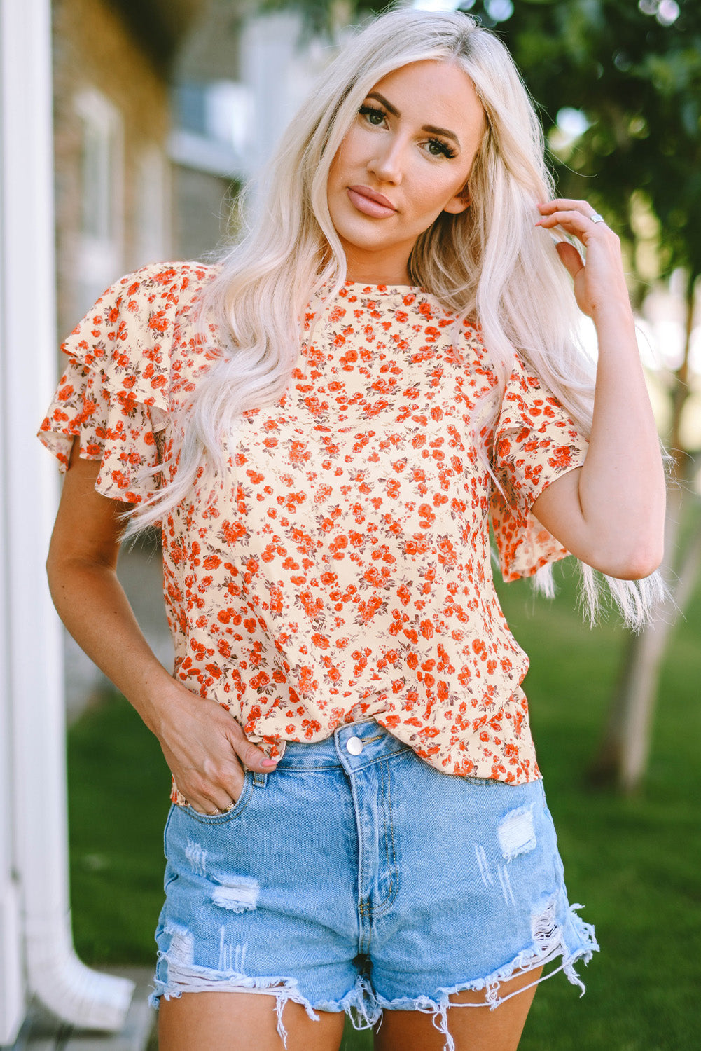 Floral Print Ruffle Sleeve Round Neck Blouse | JB Boutique |