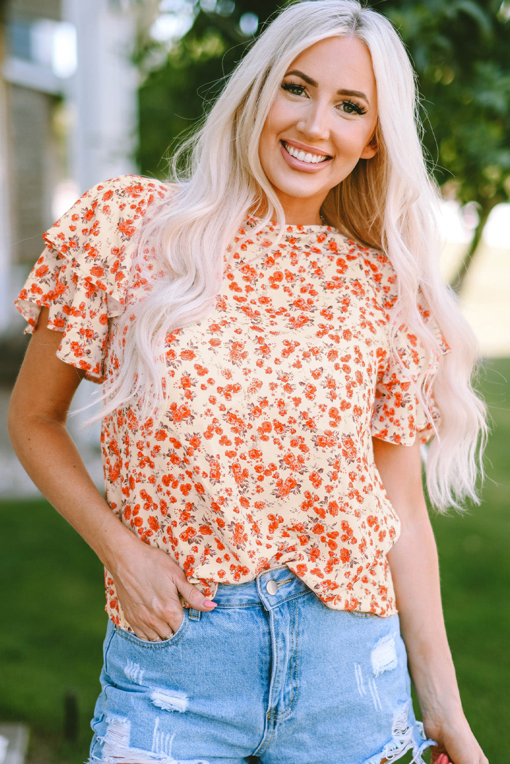 Floral Print Ruffle Sleeve Round Neck Blouse | JB Boutique |