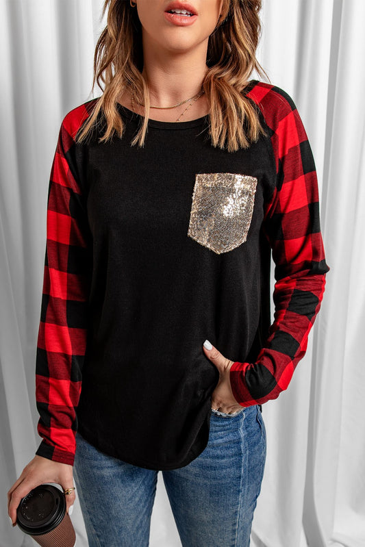 Plaid Long Sleeve Sequins Pocket Top | JB Boutique
