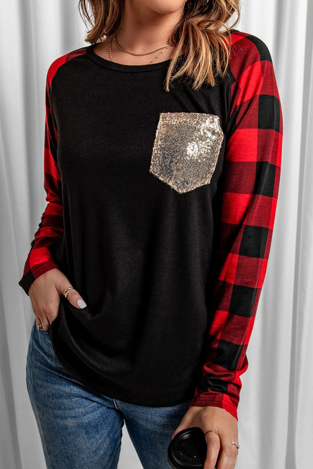 Plaid Long Sleeve Sequins Pocket Top | JB Boutique