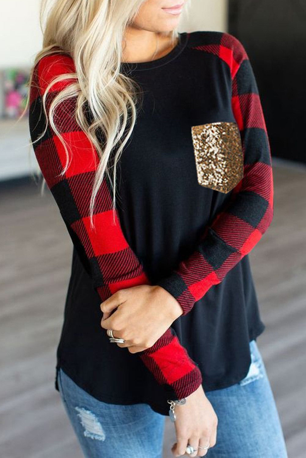 Plaid Long Sleeve Sequins Pocket Top | JB Boutique