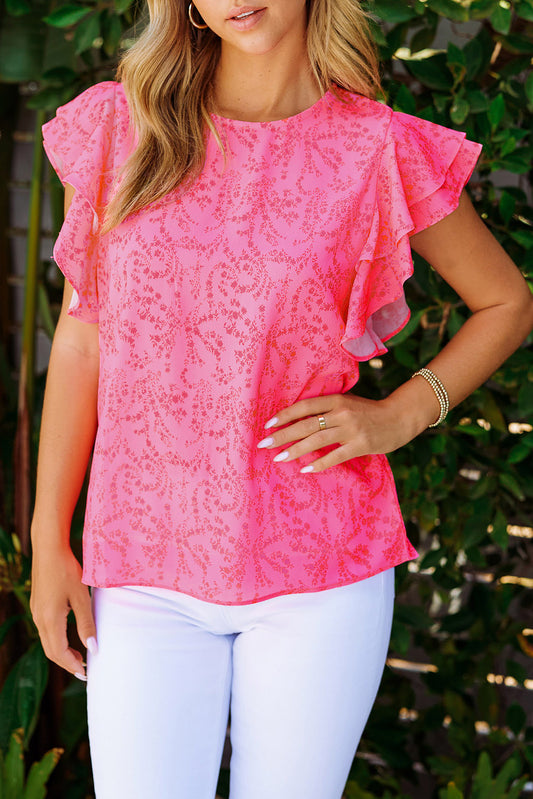 Pink Floral Ruffle Short Sleeve Top | JB Boutique |