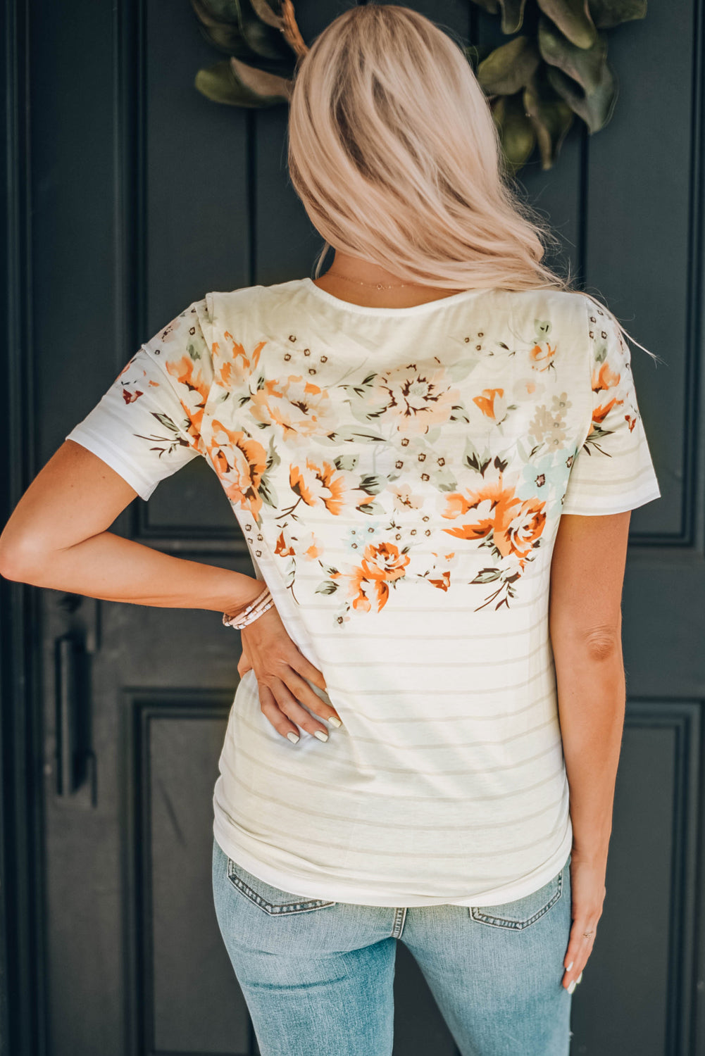 Stripe Floral Round Neck Top | JB Boutique |