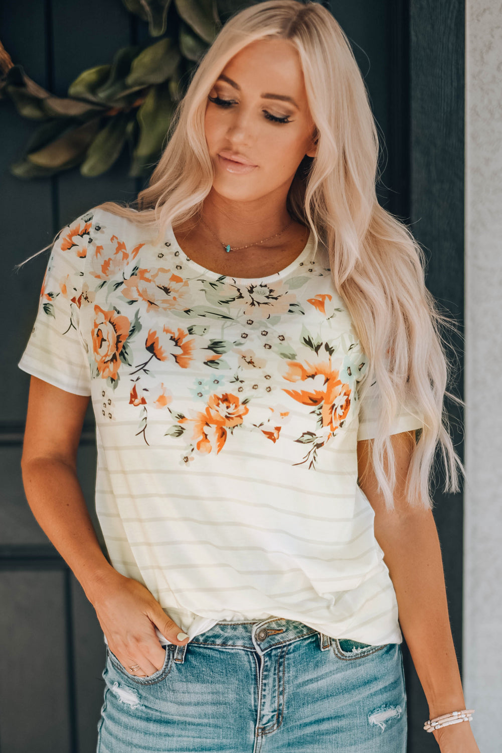 Stripe Floral Round Neck Top | JB Boutique |