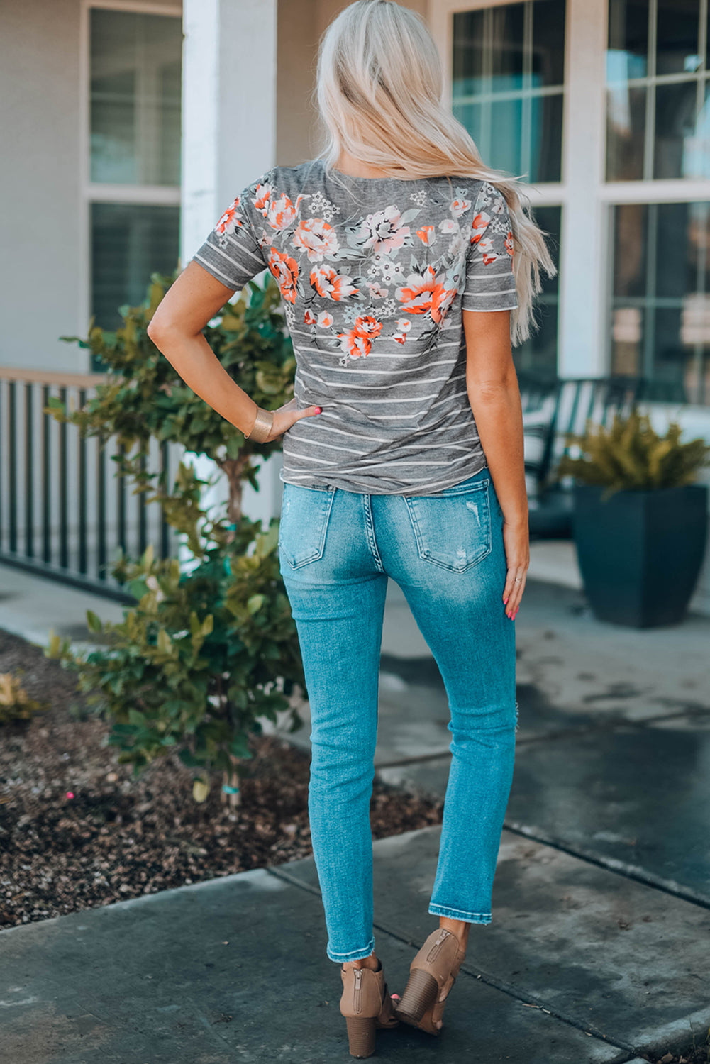 Stripe Floral Round Neck Top | JB Boutique |
