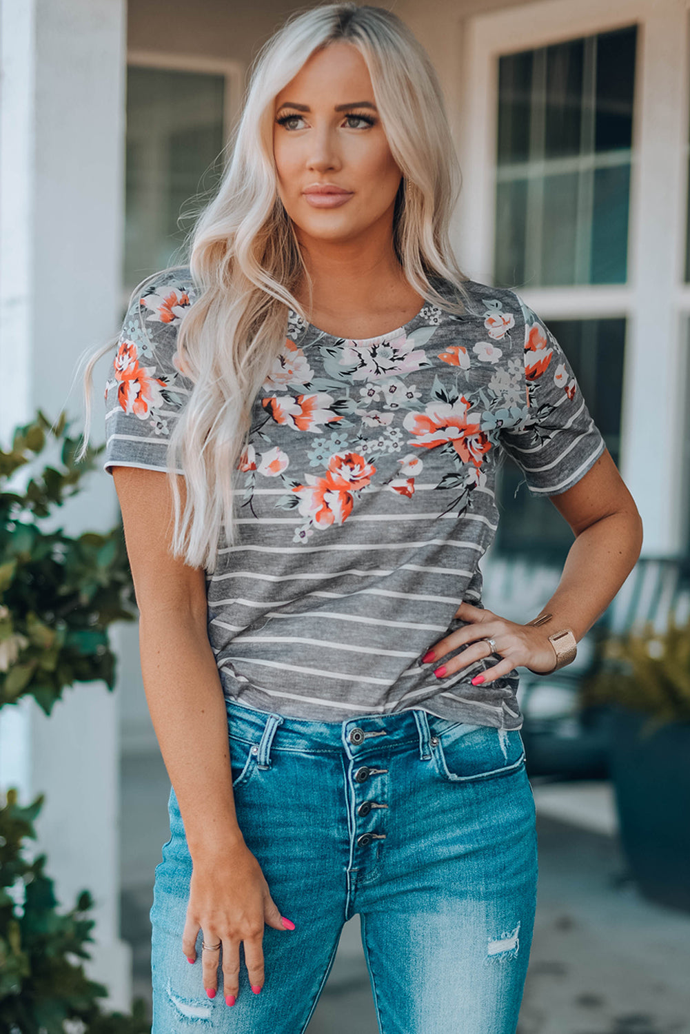 Stripe Floral Round Neck Top | JB Boutique |