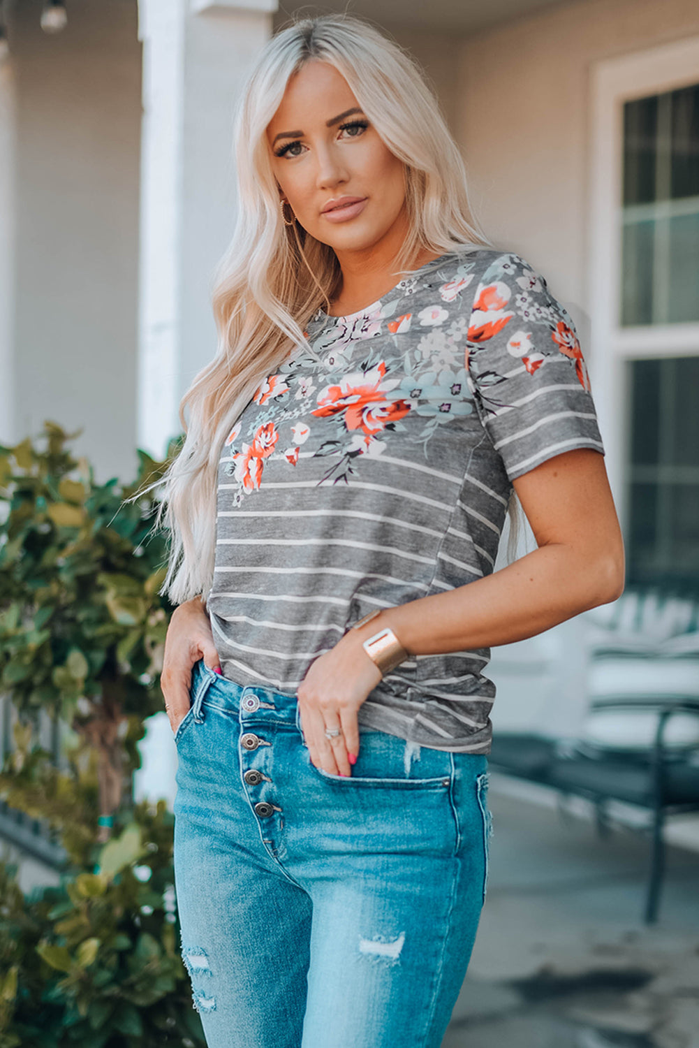 Stripe Floral Round Neck Top | JB Boutique |