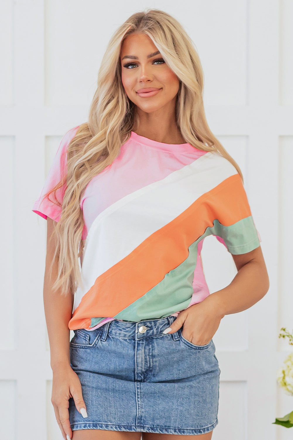 Pink Color Block Patchwork Seamed Crewneck T Shirt | JB Boutique