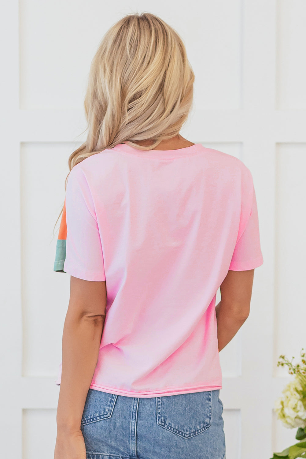 Pink Color Block Patchwork Seamed Crewneck T Shirt | JB Boutique