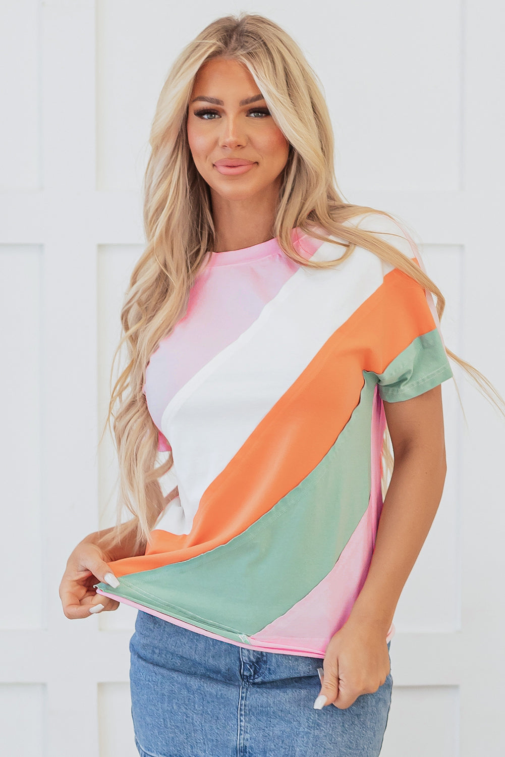 Pink Color Block Patchwork Seamed Crewneck T Shirt | JB Boutique