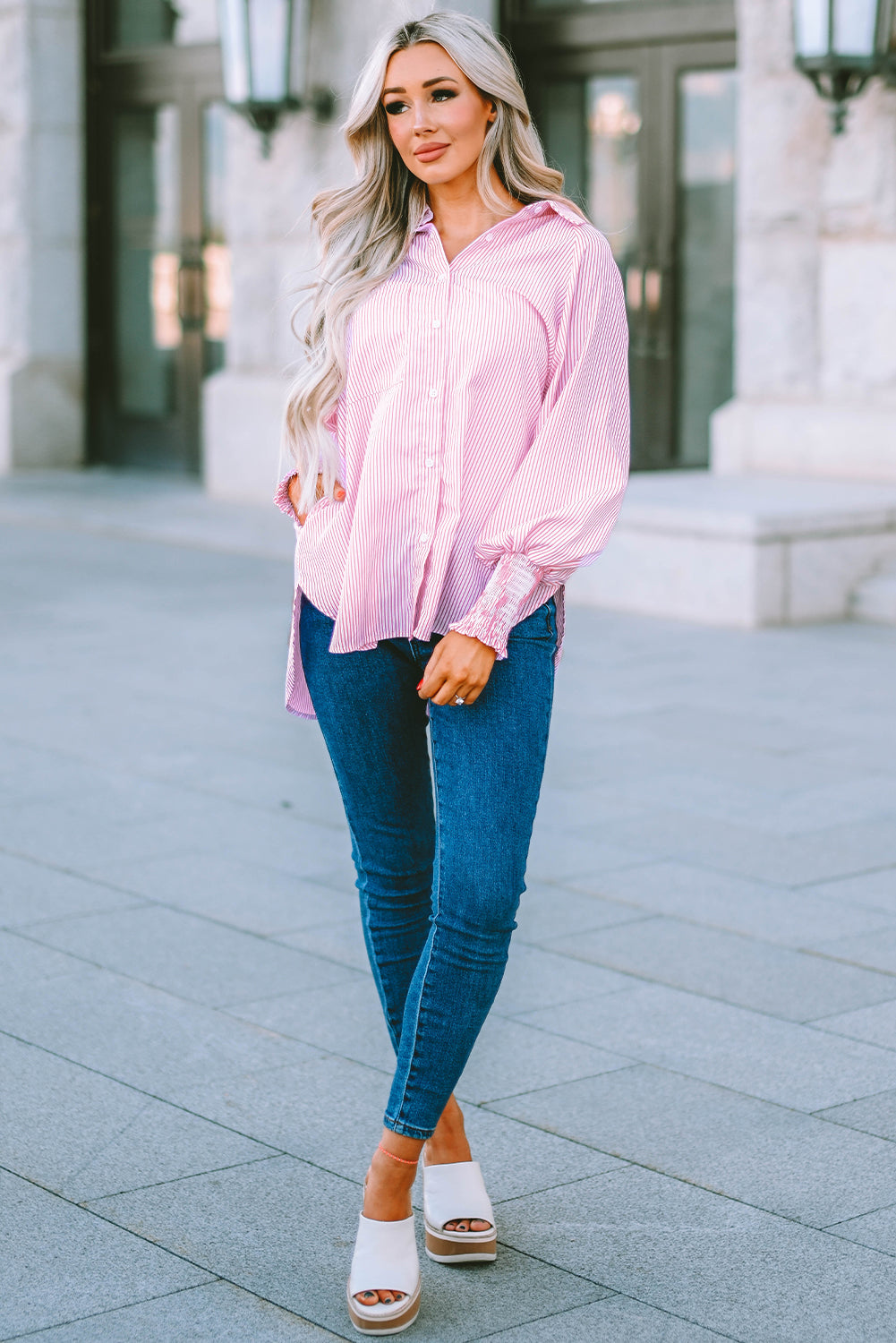 Pink Smocked Cuffed Striped Boyfriend Shirt with Pocket | JB Boutique|