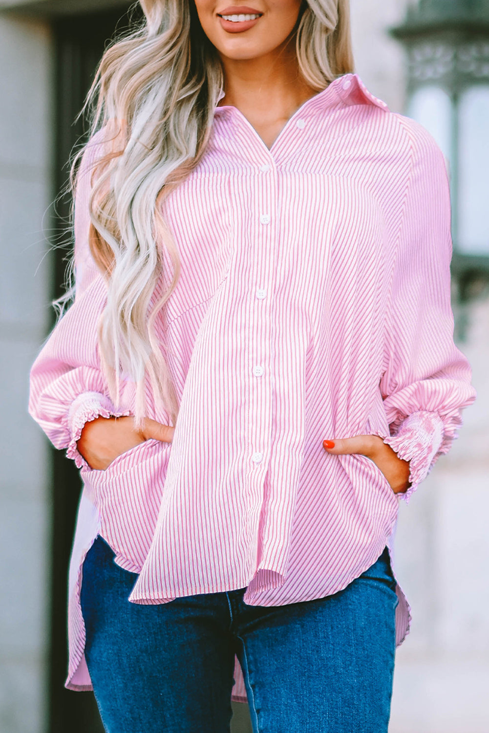 Pink Smocked Cuffed Striped Boyfriend Shirt with Pocket | JB Boutique|