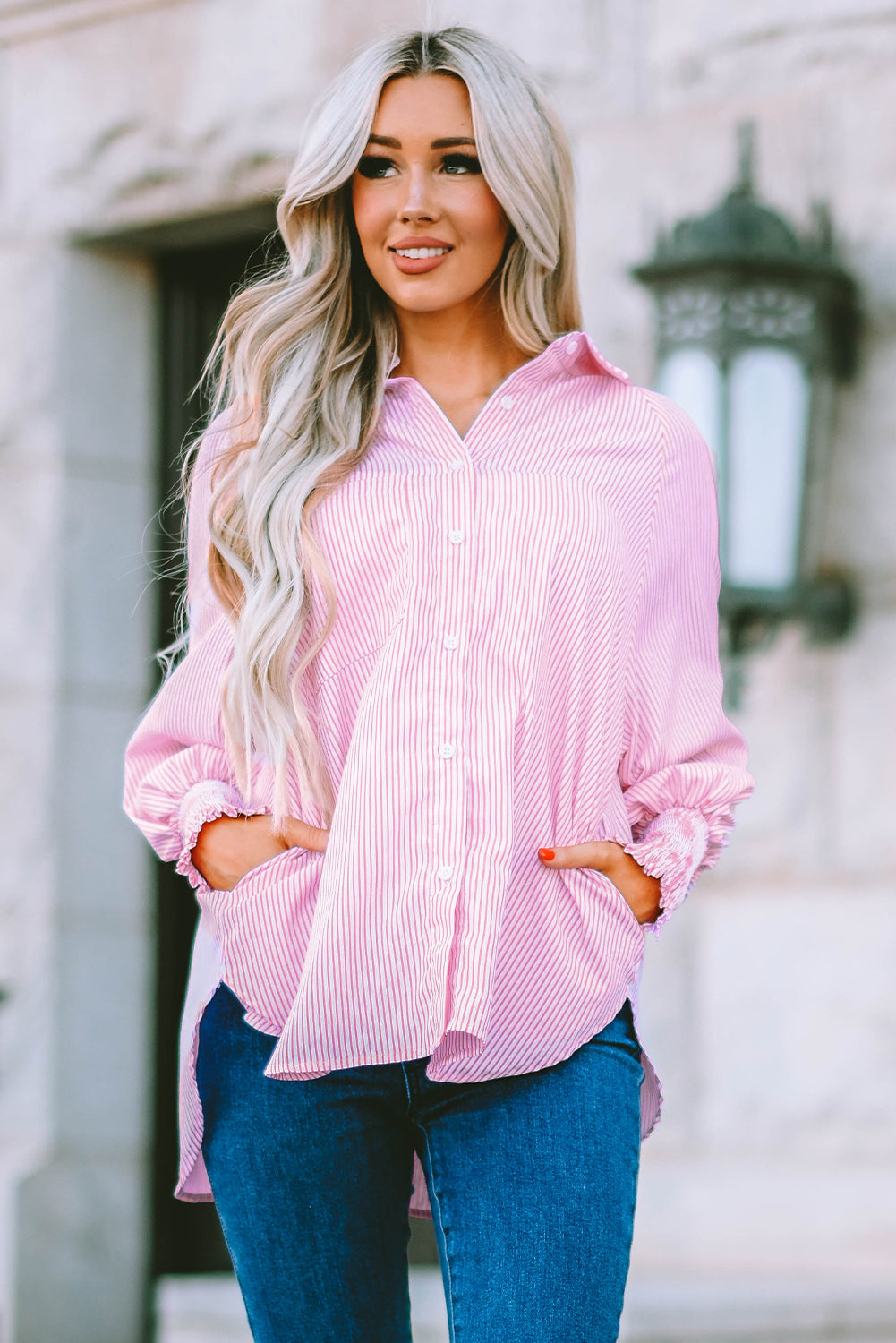 Pink Smocked Cuffed Striped Boyfriend Shirt with Pocket | JB Boutique|