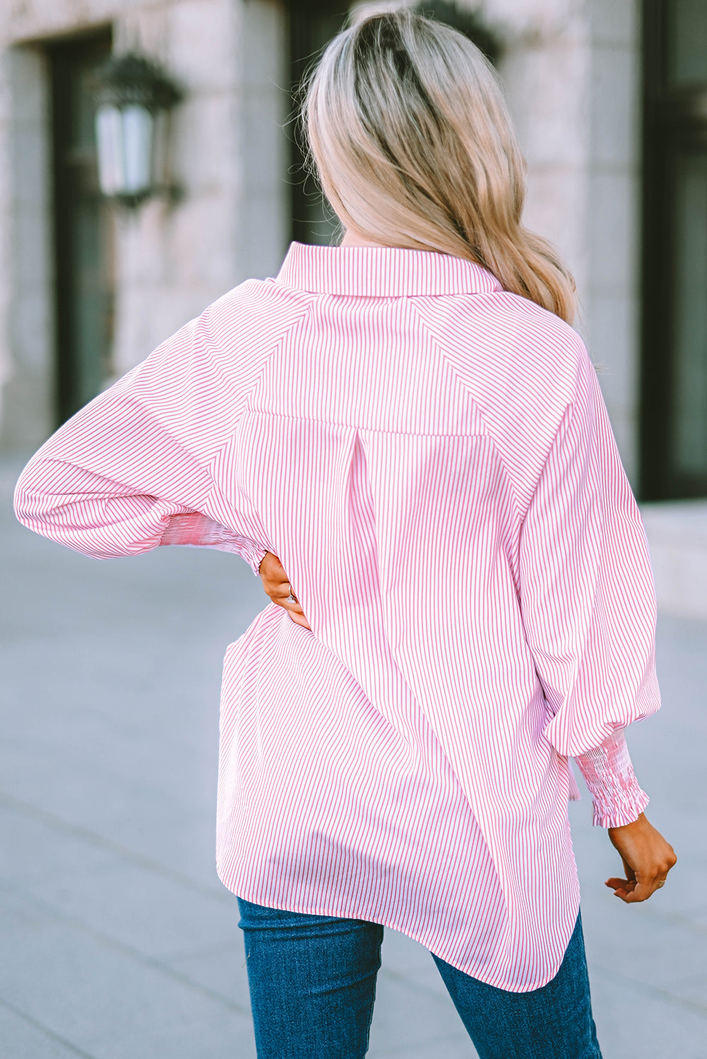 Pink Smocked Cuffed Striped Boyfriend Shirt with Pocket | JB Boutique|