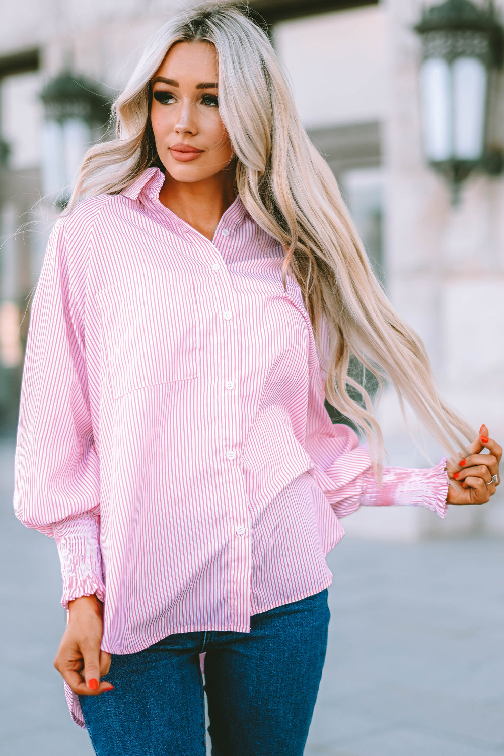 Pink Smocked Cuffed Striped Boyfriend Shirt with Pocket | JB Boutique|