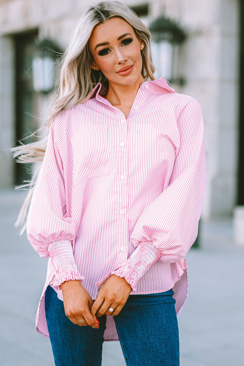 Pink Smocked Cuffed Striped Boyfriend Shirt with Pocket | JB Boutique|