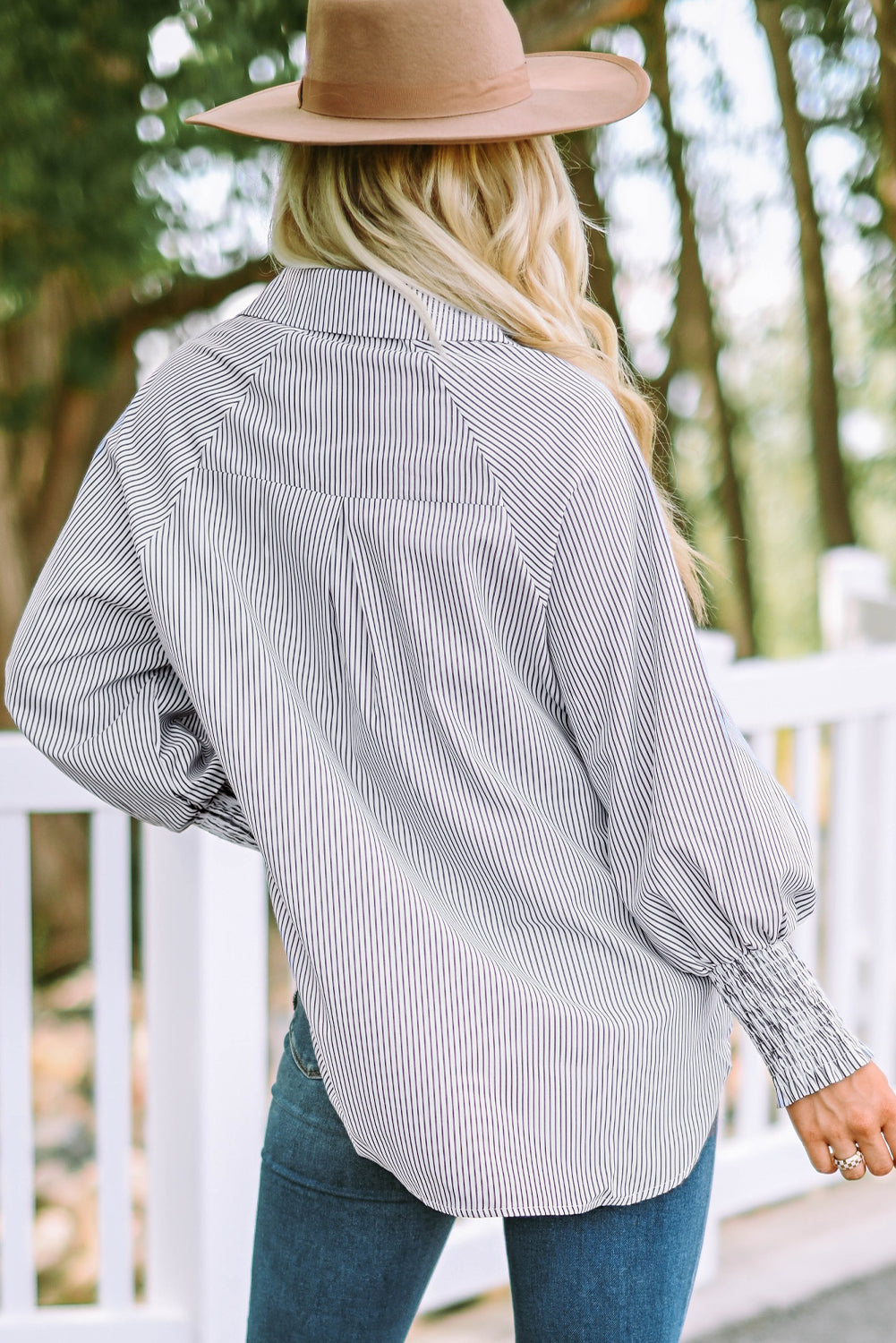 Black Smocked Cuffed Striped Boyfriend Shirt with Pocket | JB Boutique|