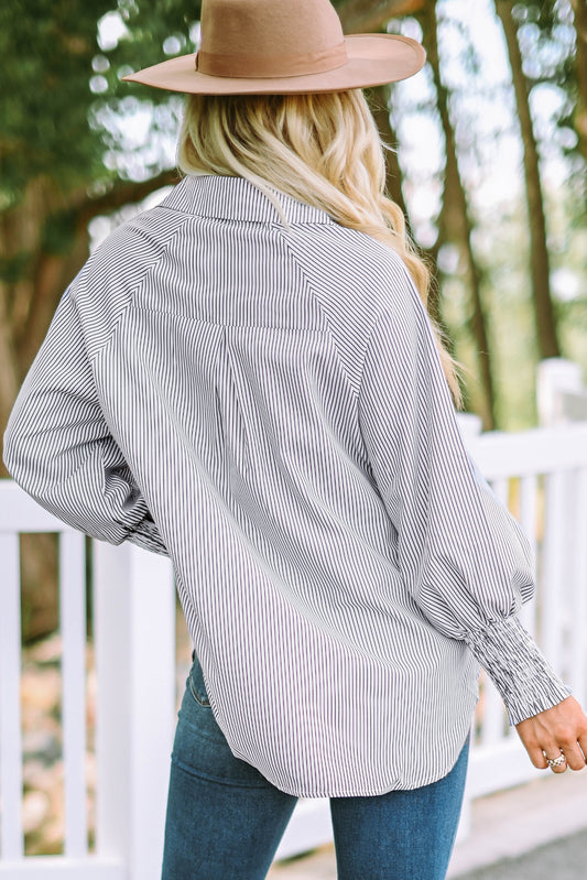 Black Smocked Cuffed Striped Boyfriend Shirt with Pocket | JB Boutique|