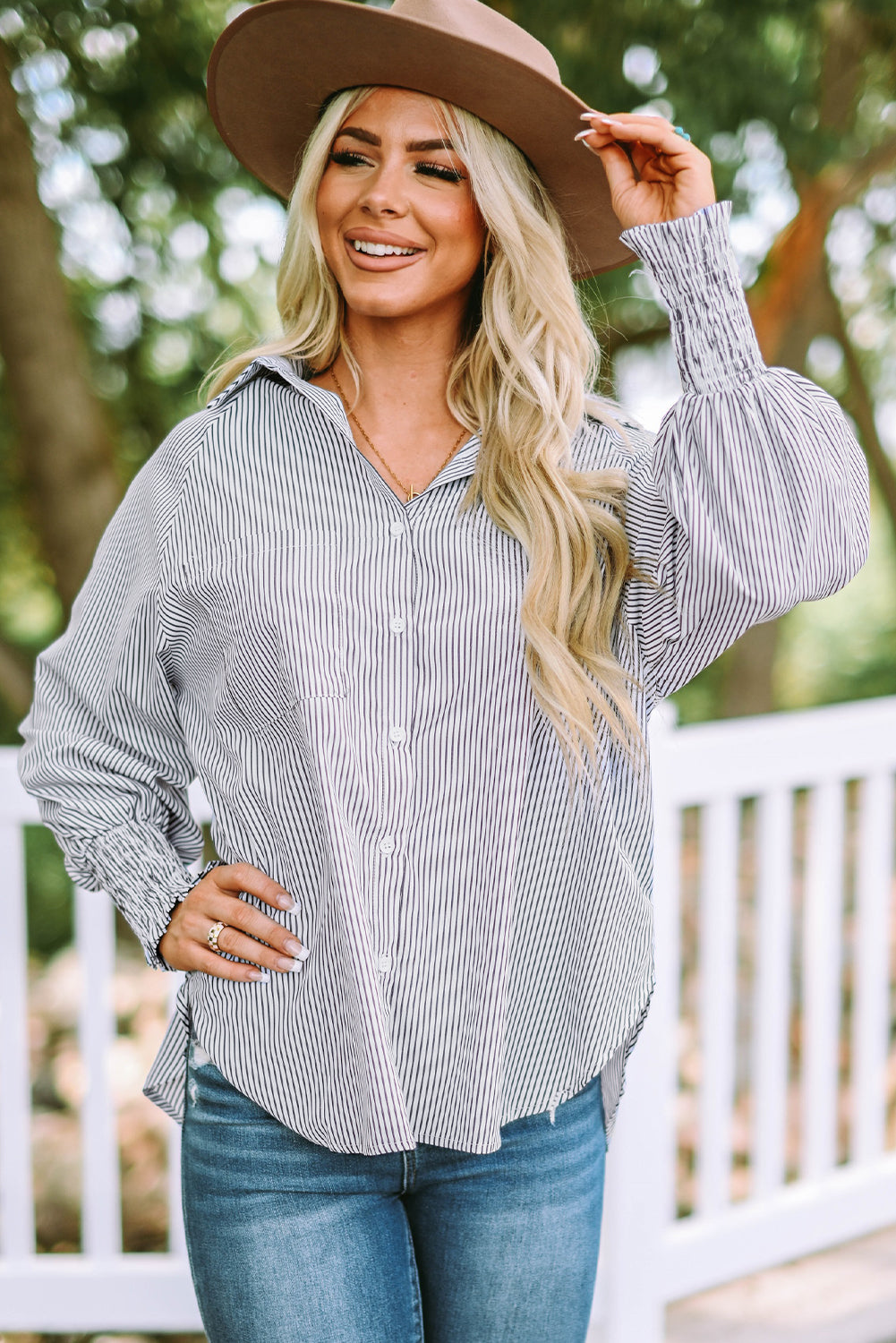 Black Smocked Cuffed Striped Boyfriend Shirt with Pocket | JB Boutique|