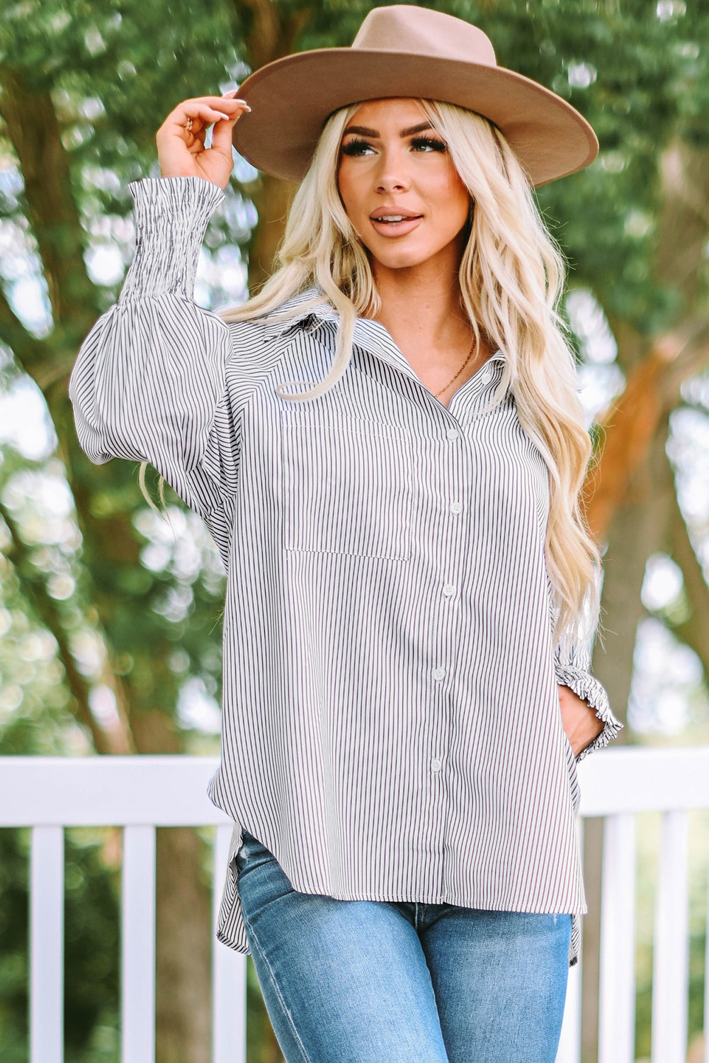 Black Smocked Cuffed Striped Boyfriend Shirt with Pocket | JB Boutique|