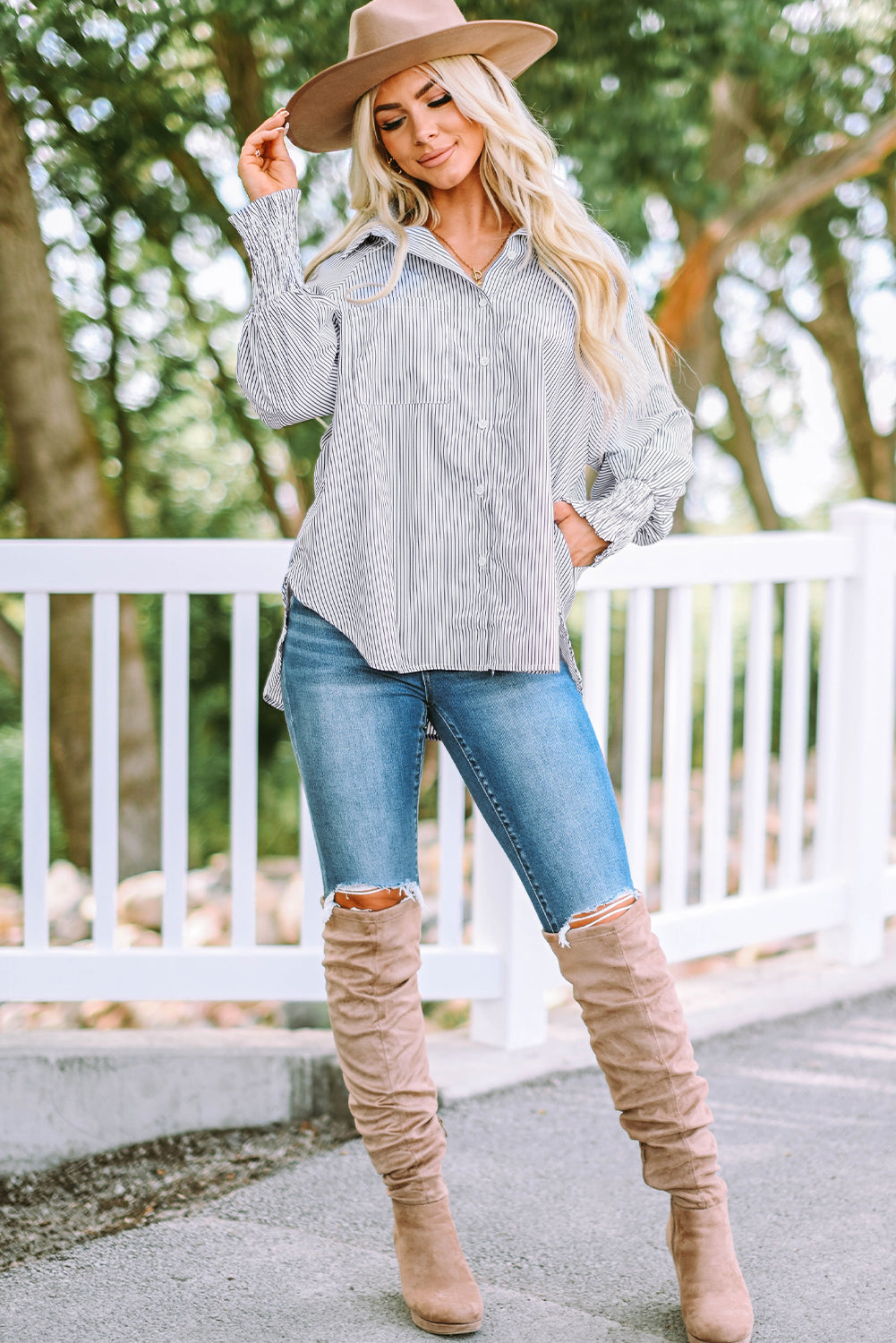 Black Smocked Cuffed Striped Boyfriend Shirt with Pocket | JB Boutique|
