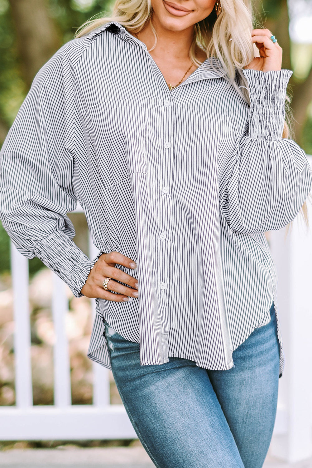 Black Smocked Cuffed Striped Boyfriend Shirt with Pocket | JB Boutique|