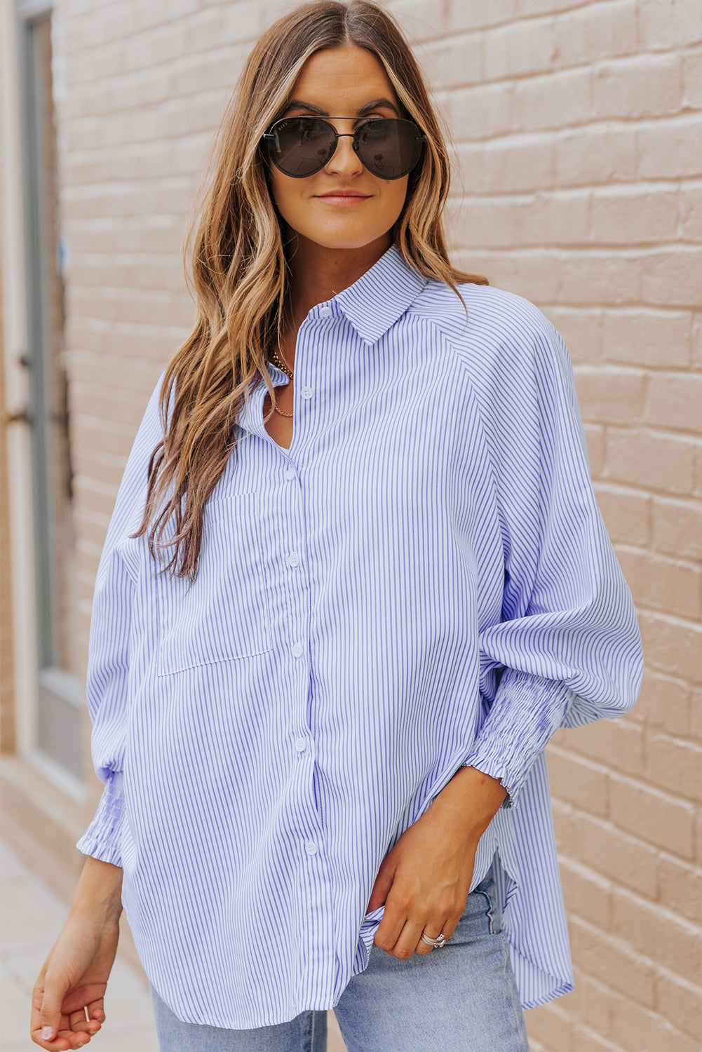 Blue Smocked Cuffed Striped Boyfriend Shirt with Pocket | JB Boutique|