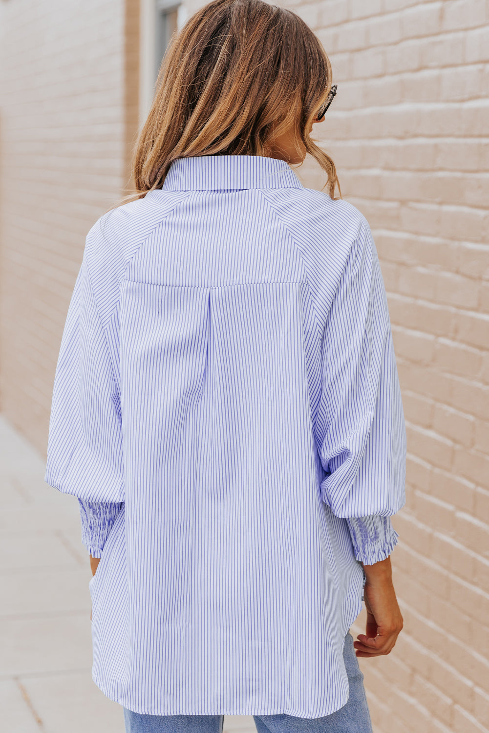 Blue Smocked Cuffed Striped Boyfriend Shirt with Pocket | JB Boutique|
