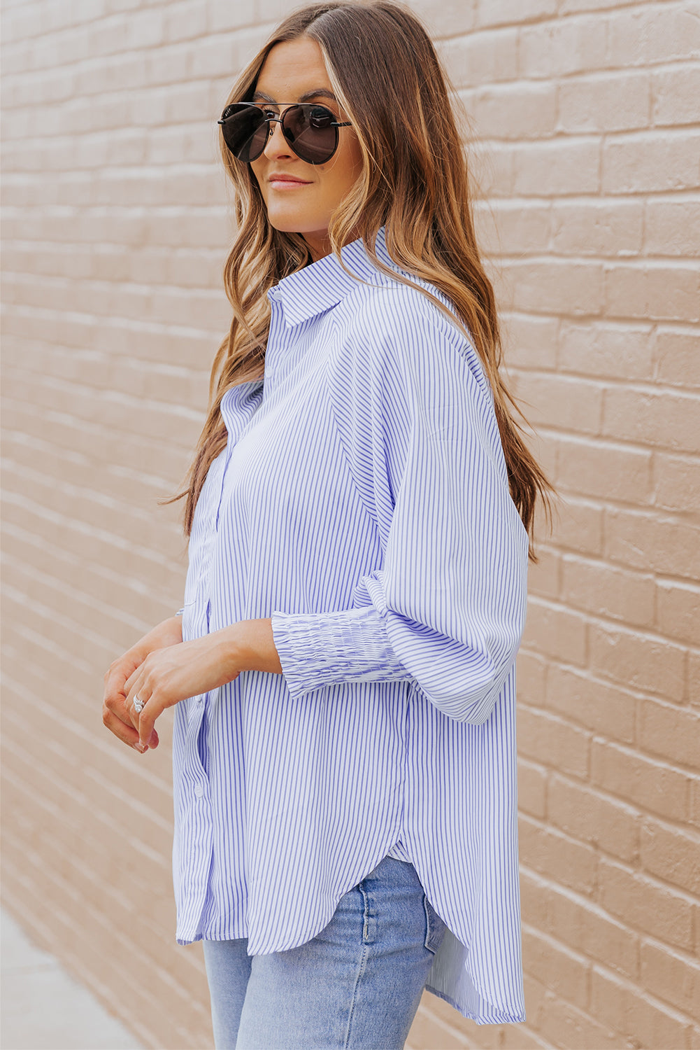 Blue Smocked Cuffed Striped Boyfriend Shirt with Pocket | JB Boutique|
