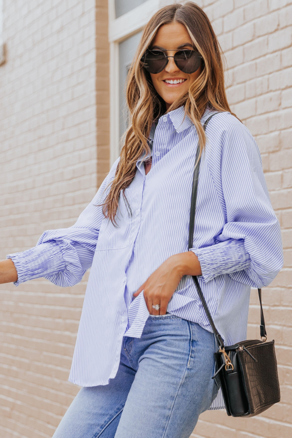Blue Smocked Cuffed Striped Boyfriend Shirt with Pocket | JB Boutique|