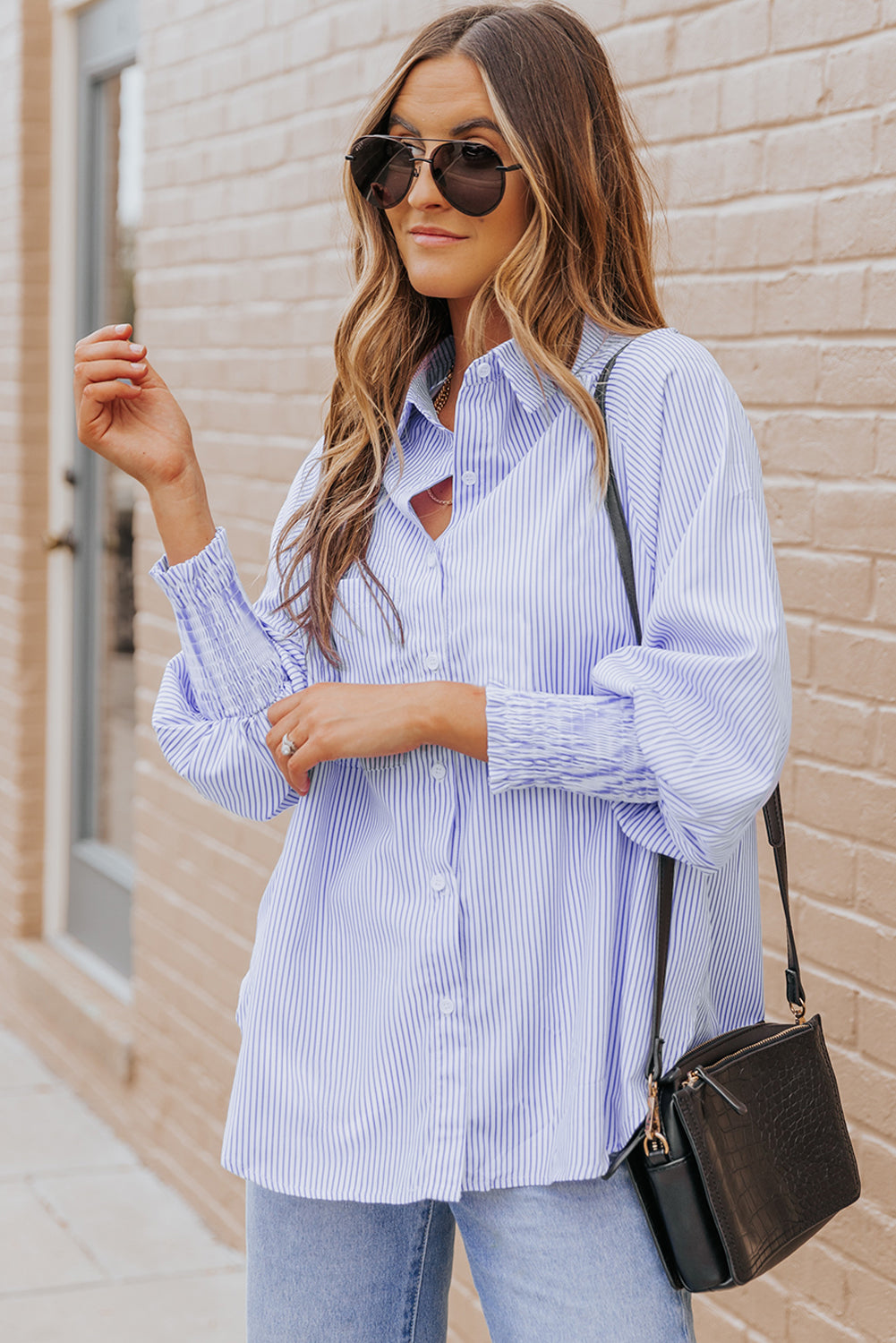 Blue Smocked Cuffed Striped Boyfriend Shirt with Pocket | JB Boutique|