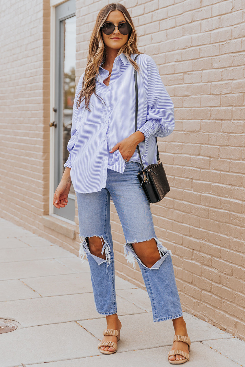 Blue Smocked Cuffed Striped Boyfriend Shirt with Pocket | JB Boutique|