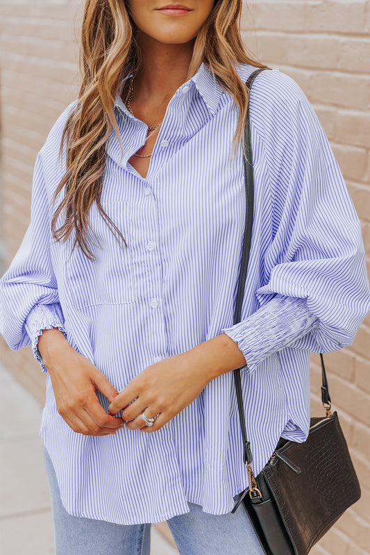 Blue Smocked Cuffed Striped Boyfriend Shirt with Pocket | JB Boutique|