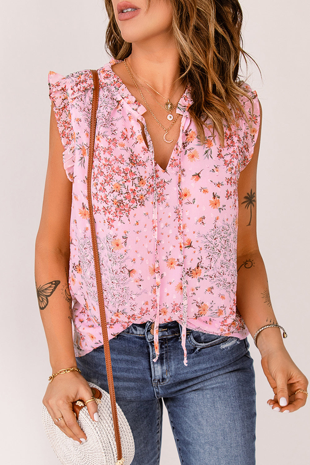 Pink Floral Print Drawstring Frill Trim Sleeveless Top | JB Boutique |